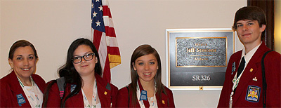 SkillsUSA Advisor Donna Moore, Officers Victoria Hall, Lauren Wilson and Collin Andrews prepare to meet with AL Senator Jeff Sessions